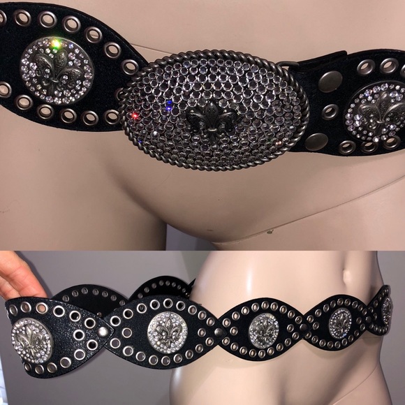 Royal Plush Black Rhinestone Fleur De Lis Belt M/L - Picture 2 of 6